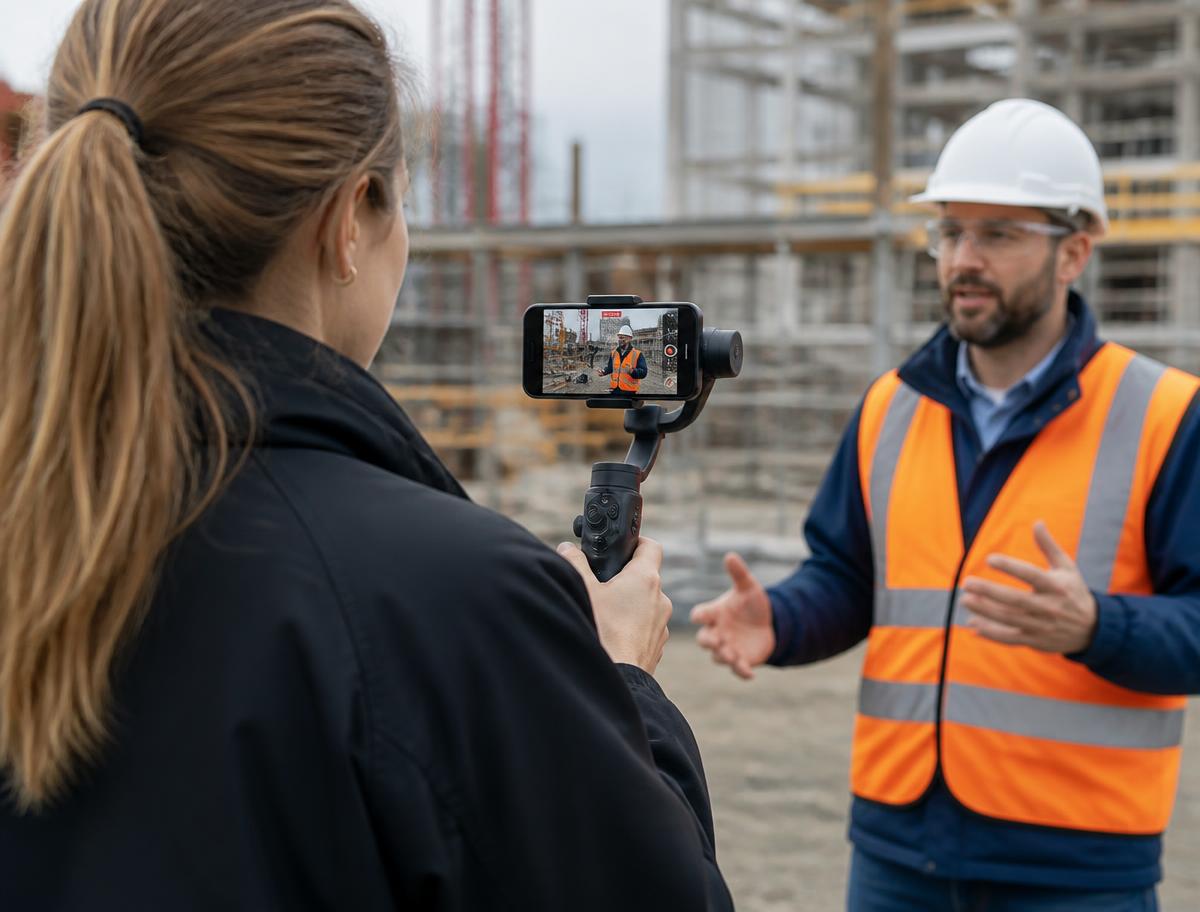 Social media gravando com celular em gimbal um engenheiro dentro da obra