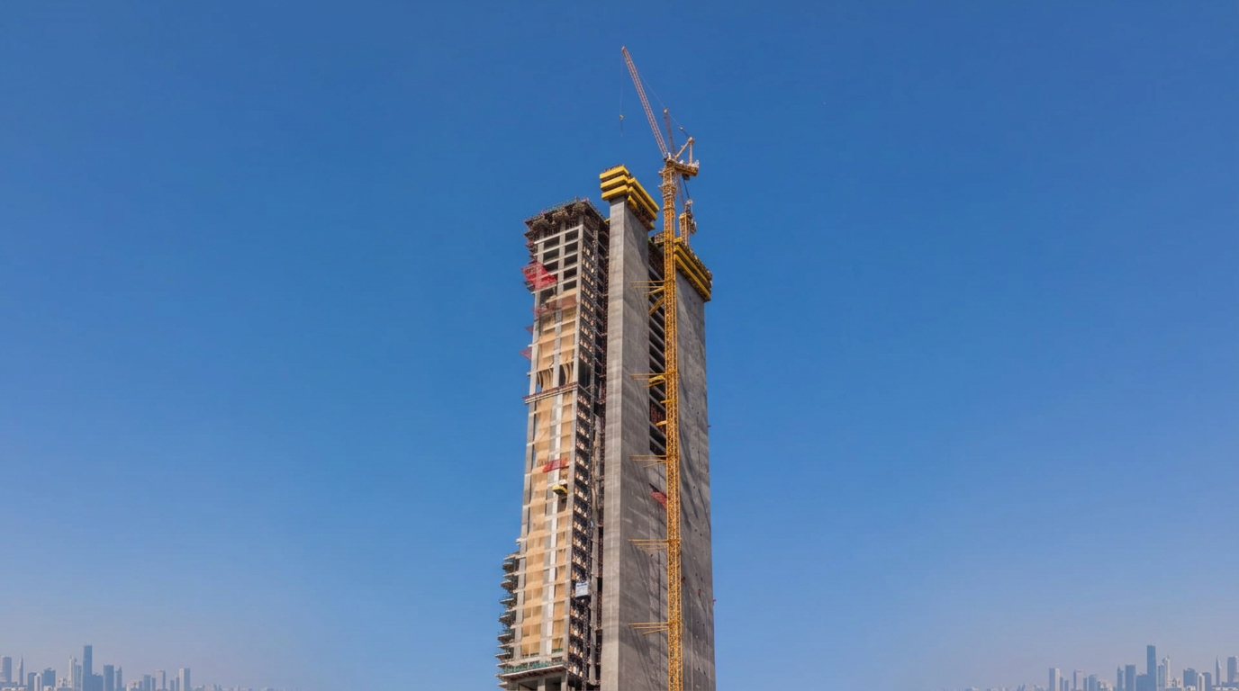 Edifício em construção sob o céu